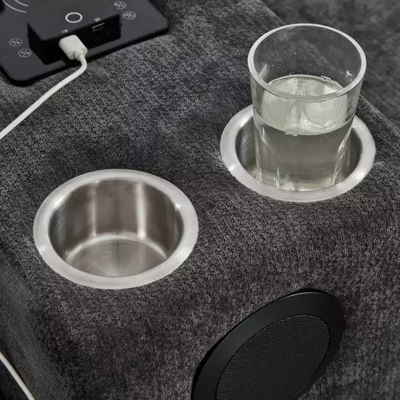 Canapé d'angle Whisen 126 avec console centrale, porte-gobelets, forme en U, haut-parleurs Bluetooth intégrés et 2 poufs de rangement pour le salon