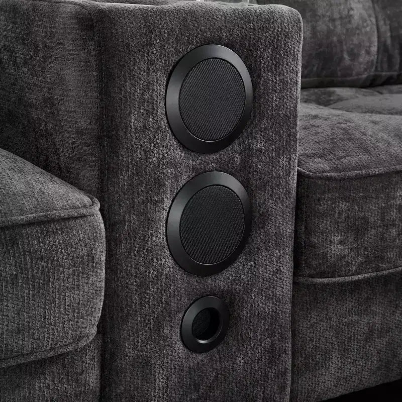 Canapé d'angle Whisen 126 avec console centrale, porte-gobelets, forme en U, haut-parleurs Bluetooth intégrés et 2 poufs de rangement pour le salon