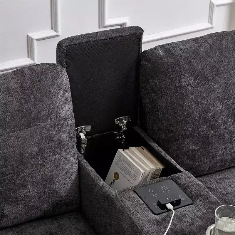 Canapé d'angle Whisen 126 avec console centrale, porte-gobelets, forme en U, haut-parleurs Bluetooth intégrés et 2 poufs de rangement pour le salon