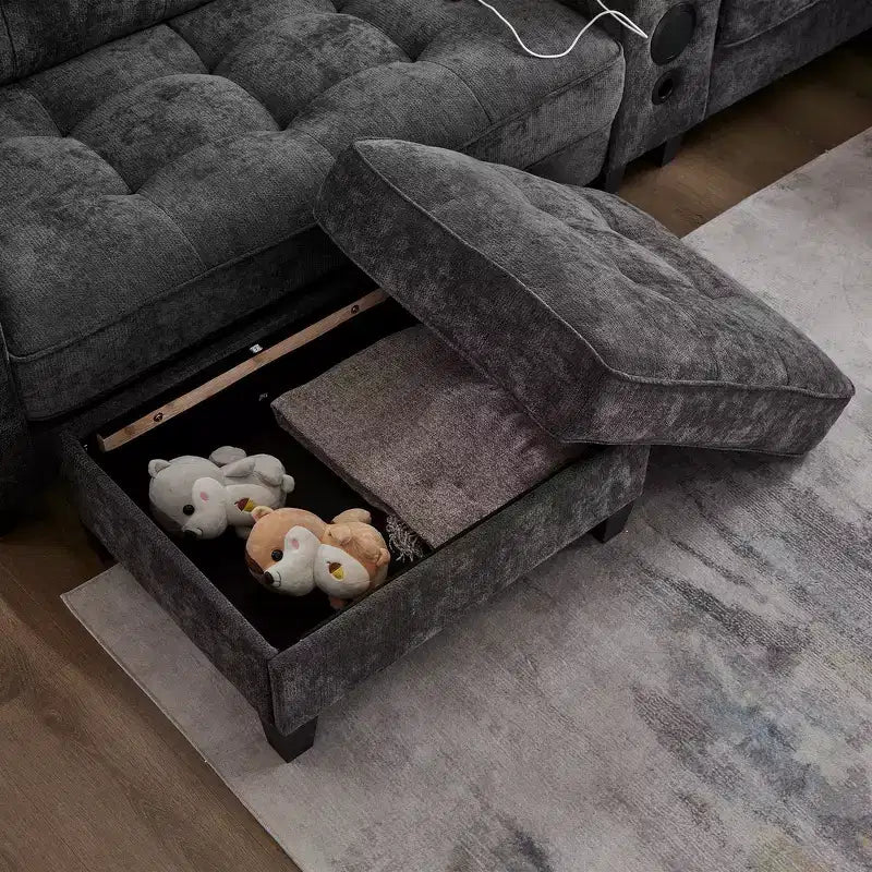 Canapé d'angle Whisen 126 avec console centrale, porte-gobelets, forme en U, haut-parleurs Bluetooth intégrés et 2 poufs de rangement pour le salon