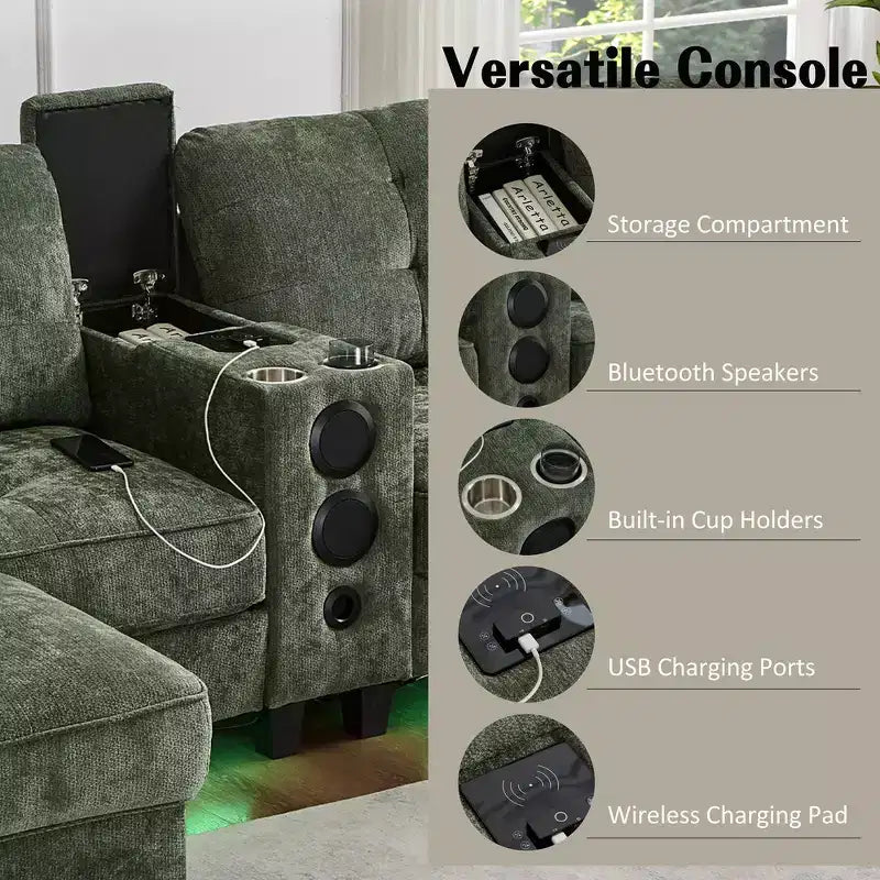 Canapé d'angle Whisen 126 avec console centrale, porte-gobelets, forme en U, haut-parleurs Bluetooth intégrés et 2 poufs de rangement pour le salon