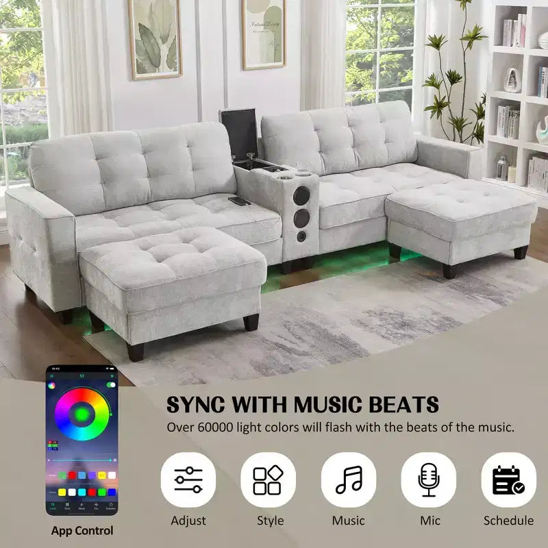 Canapé d'angle Whisen 126 avec console centrale, porte-gobelets, forme en U, haut-parleurs Bluetooth intégrés et 2 poufs de rangement pour le salon