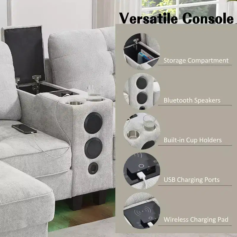 Canapé d'angle Whisen 126 avec console centrale, porte-gobelets, forme en U, haut-parleurs Bluetooth intégrés et 2 poufs de rangement pour le salon