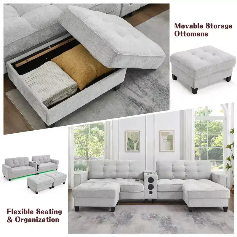 Canapé d'angle Whisen 126 avec console centrale, porte-gobelets, forme en U, haut-parleurs Bluetooth intégrés et 2 poufs de rangement pour le salon