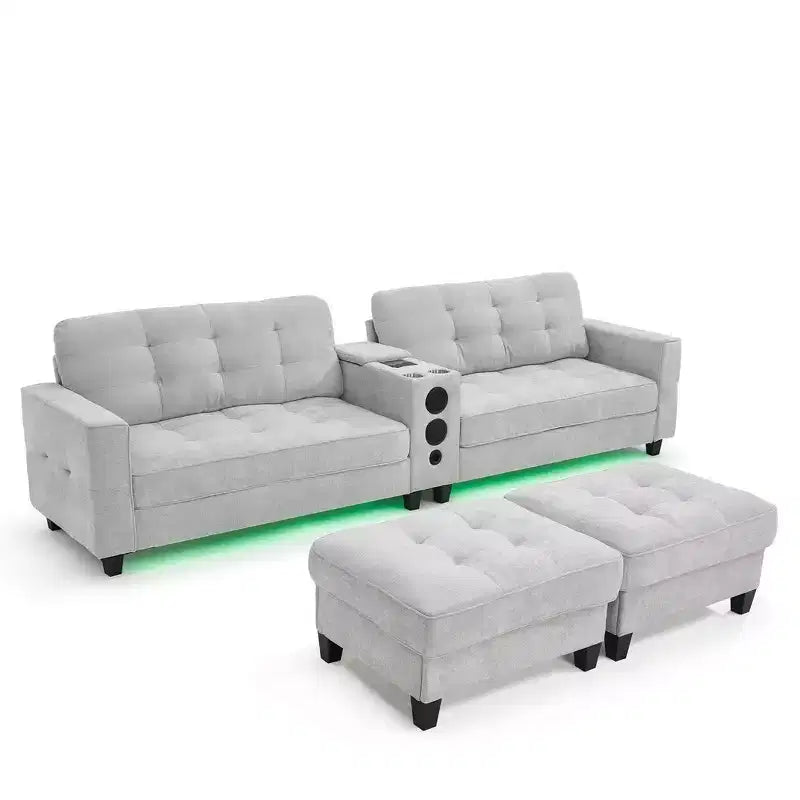 Canapé d'angle Whisen 126 avec console centrale, porte-gobelets, forme en U, haut-parleurs Bluetooth intégrés et 2 poufs de rangement pour le salon