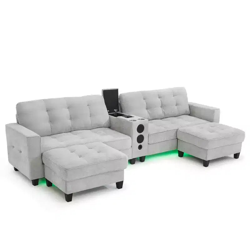 Canapé d'angle Whisen 126 avec console centrale, porte-gobelets, forme en U, haut-parleurs Bluetooth intégrés et 2 poufs de rangement pour le salon