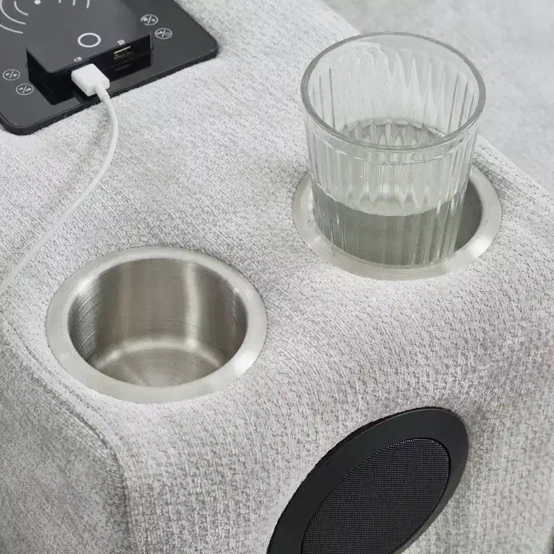 Canapé d'angle Whisen 126 avec console centrale, porte-gobelets, forme en U, haut-parleurs Bluetooth intégrés et 2 poufs de rangement pour le salon