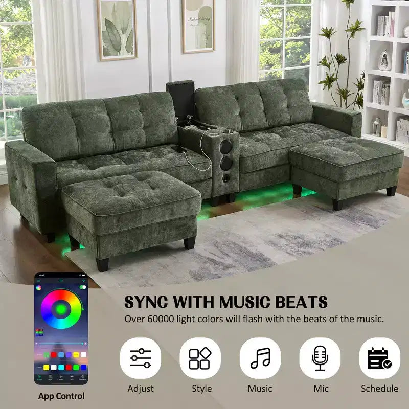 Canapé d'angle Whisen 126 avec console centrale, porte-gobelets, forme en U, haut-parleurs Bluetooth intégrés et 2 poufs de rangement pour le salon