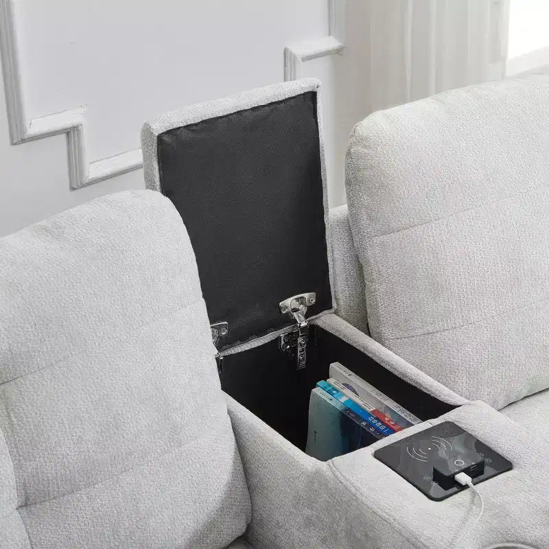 Canapé d'angle Whisen 126 avec console centrale, porte-gobelets, forme en U, haut-parleurs Bluetooth intégrés et 2 poufs de rangement pour le salon