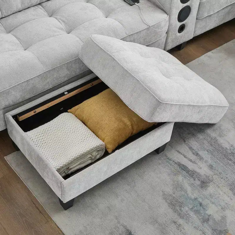 Canapé d'angle Whisen 126 avec console centrale, porte-gobelets, forme en U, haut-parleurs Bluetooth intégrés et 2 poufs de rangement pour le salon