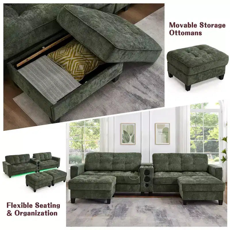 Canapé d'angle Whisen 126 avec console centrale, porte-gobelets, forme en U, haut-parleurs Bluetooth intégrés et 2 poufs de rangement pour le salon