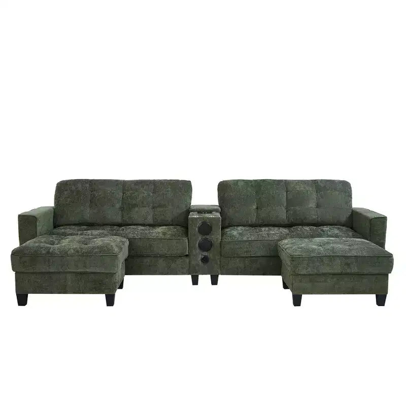 Canapé d'angle Whisen 126 avec console centrale, porte-gobelets, forme en U, haut-parleurs Bluetooth intégrés et 2 poufs de rangement pour le salon