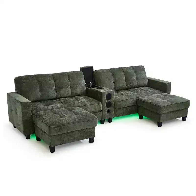 Canapé d'angle Whisen 126 avec console centrale, porte-gobelets, forme en U, haut-parleurs Bluetooth intégrés et 2 poufs de rangement pour le salon