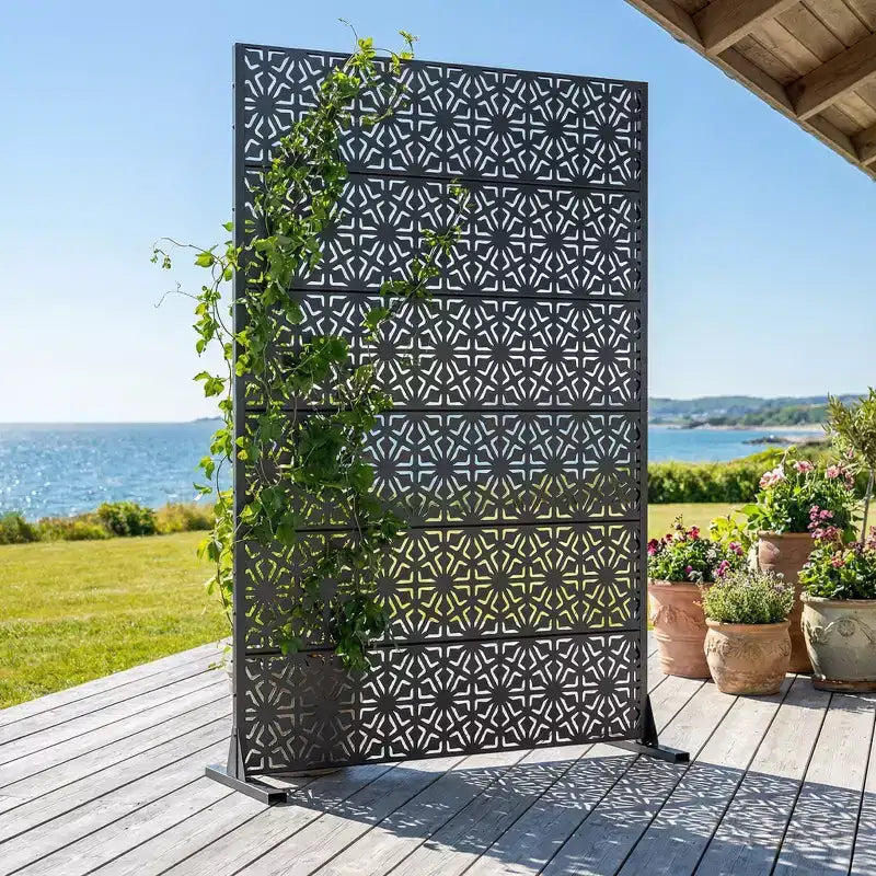 Paravent d'extérieur Dovelina 72H x 47W en métal, panneaux de clôture autoportants noirs pour jardin, terrasse, cour