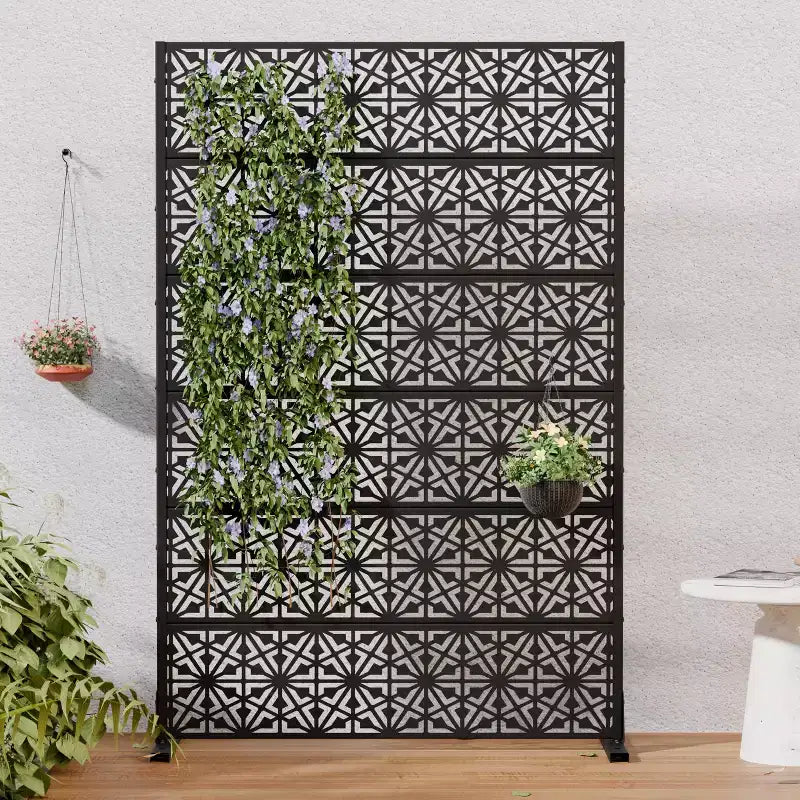 Paravent d'extérieur Dovelina 72H x 47W en métal, panneaux de clôture autoportants noirs pour jardin, terrasse, cour