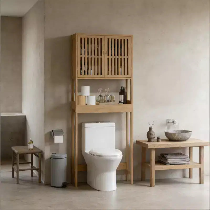GDFStudio Rhett Vertical Bamboo Over Toilet Storage Cabinet with Adjustable Shelves and Slatted Doors