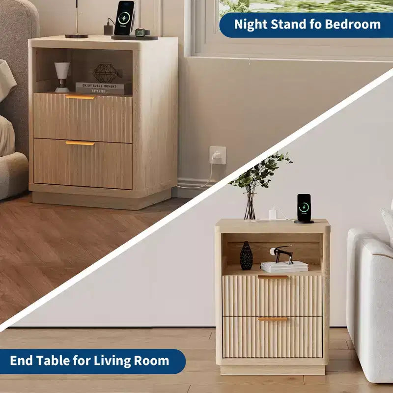 Table de chevet avec station de recharge, tiroirs et étagère ouverte, table de chevet moderne en bois pour chambre à coucher/salon/bureau