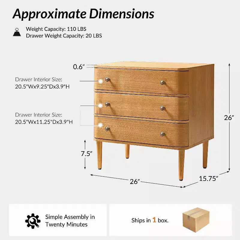Table d'appoint Noah Modern 26W à 3 tiroirs avec pieds en bois massif et prise intégrée|ART OF LIVING DESIGNS-CHÊNE