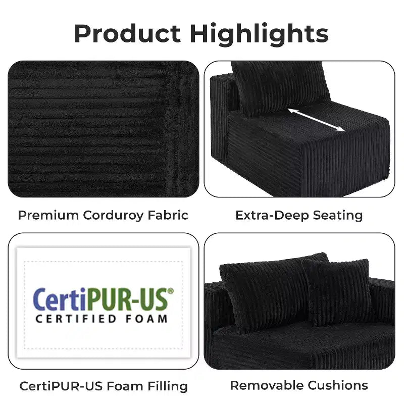 Home Imports Emporium Canapé modulaire sectionnel 110 avec chaise longue, canapé d'angle à assise profonde en velours côtelé doux sans cadre