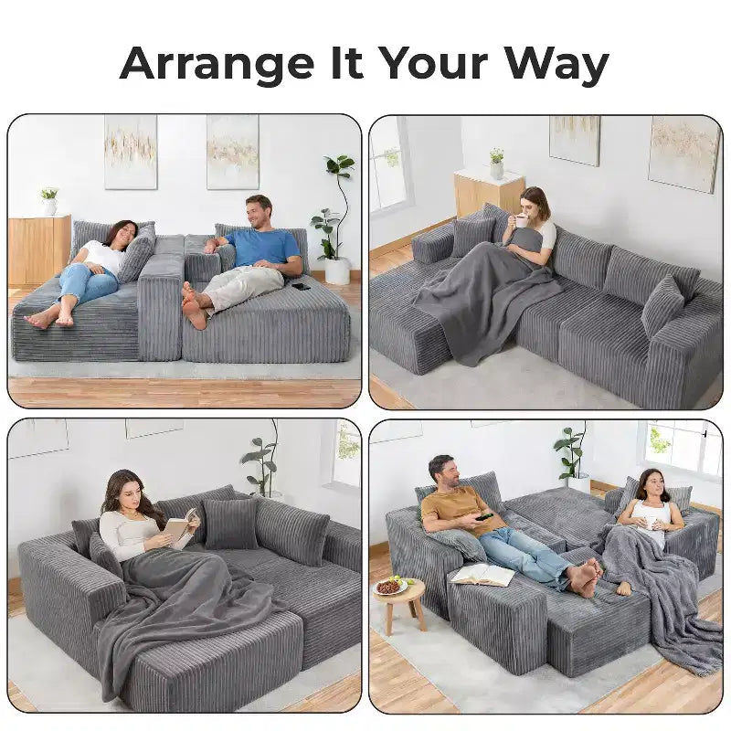 Home Imports Emporium Canapé modulaire sectionnel 110 avec chaise longue, canapé d'angle à assise profonde en velours côtelé doux sans cadre