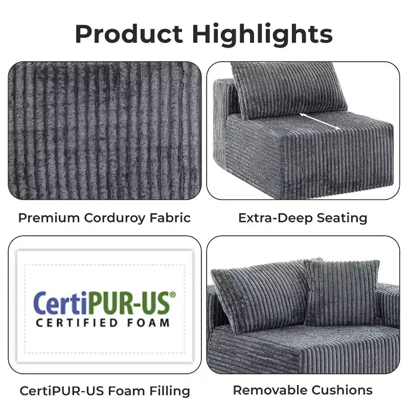 Home Imports Emporium Canapé modulaire sectionnel 110 avec chaise longue, canapé d'angle à assise profonde en velours côtelé doux sans cadre