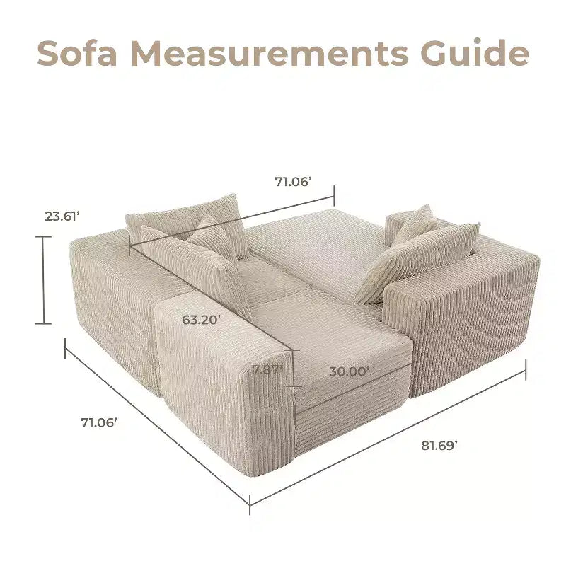 Home Imports Emporium Canapé modulaire sectionnel 110 avec chaise longue, canapé d'angle à assise profonde en velours côtelé doux sans cadre