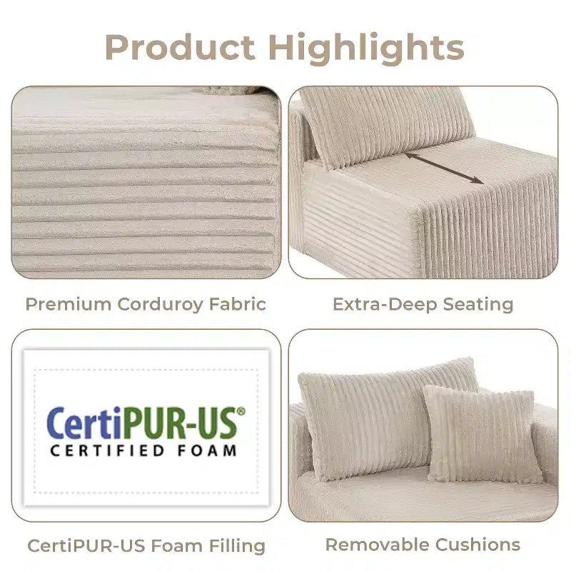 Home Imports Emporium Canapé modulaire sectionnel 110 avec chaise longue, canapé d'angle à assise profonde en velours côtelé doux sans cadre