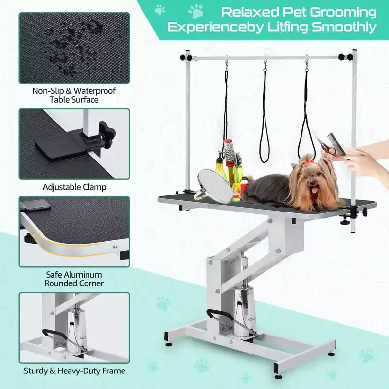 Table de toilettage pour grands chiens de 43,6 pouces, robuste et réglable en hauteur, avec bras supérieur et sangle de maintien. Hauteur réglable de 22 à 39 pouces, jusqu'à 350 lb.