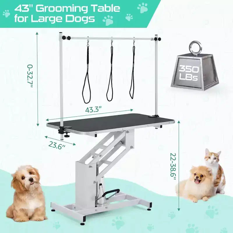 Table de toilettage pour grands chiens de 43,6 pouces, robuste et réglable en hauteur, avec bras supérieur et sangle de maintien. Hauteur réglable de 22 à 39 pouces, jusqu'à 350 lb.
