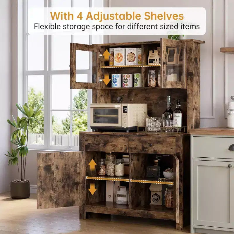 Armoire de cuisine indépendante de 63 po avec 2 tiroirs, 4 portes, étagères réglables et support pour micro-ondes