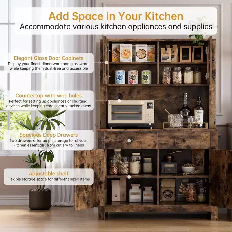 Armoire de cuisine indépendante de 63 po avec 2 tiroirs, 4 portes, étagères réglables et support pour micro-ondes