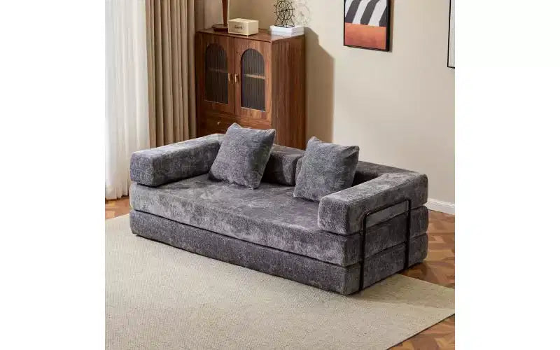 MooxvMoo Floor Sofa Bed Convertible, Corduroy Futon Couch with Pillow, Sleeper for Living Room Bedroom, Grey