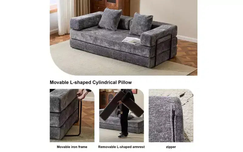 MooxvMoo Canapé-lit convertible, futon en velours côtelé avec oreillers, pour salon et chambre, gris