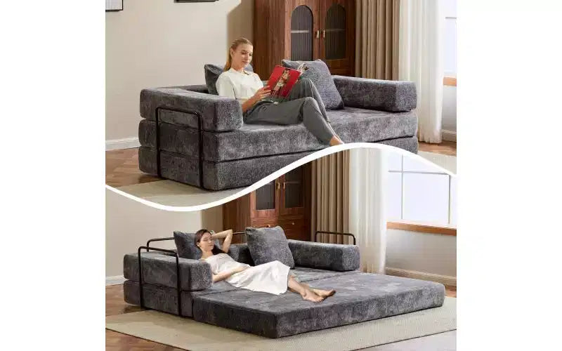 MooxvMoo Canapé-lit convertible, futon en velours côtelé avec oreillers, pour salon et chambre, gris