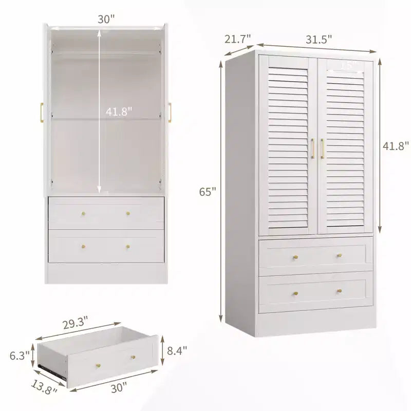 Armoire à persiennes GustoWave 65, Placard en bois avec 2 portes et 2 tiroirs, Rangement avec tringle à suspendre pour chambre à coucher