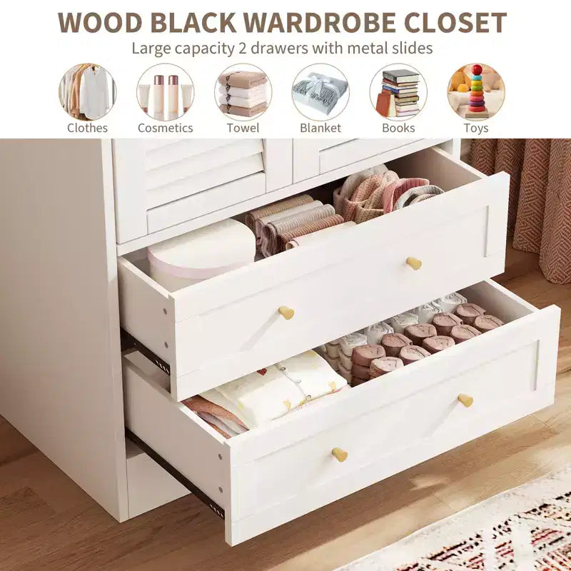 Armoire à persiennes GustoWave 65, Placard en bois avec 2 portes et 2 tiroirs, Rangement avec tringle à suspendre pour chambre à coucher