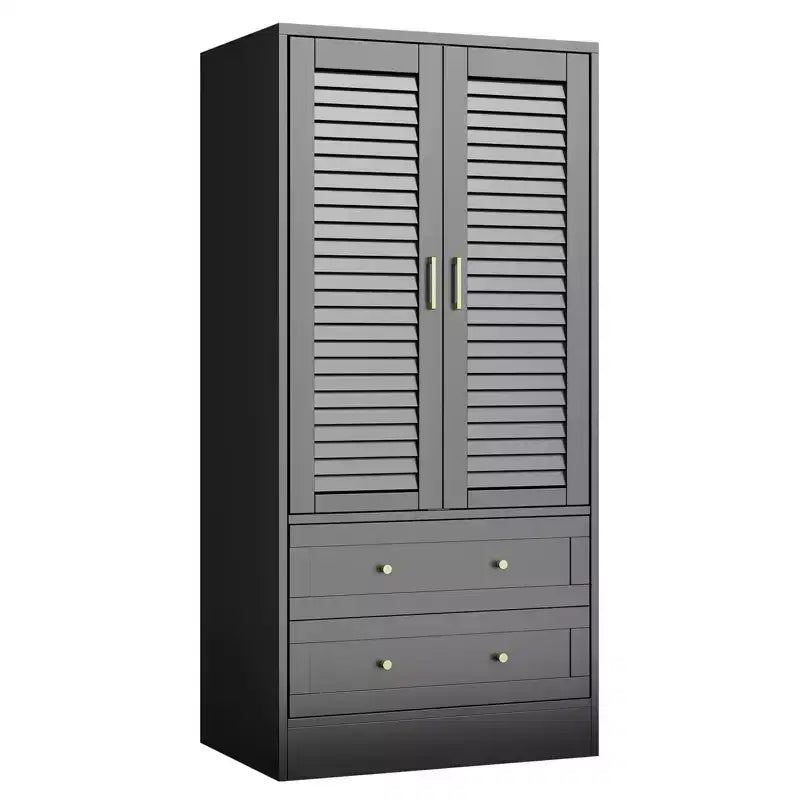 Armoire à persiennes GustoWave 65, Placard en bois avec 2 portes et 2 tiroirs, Rangement avec tringle à suspendre pour chambre à coucher