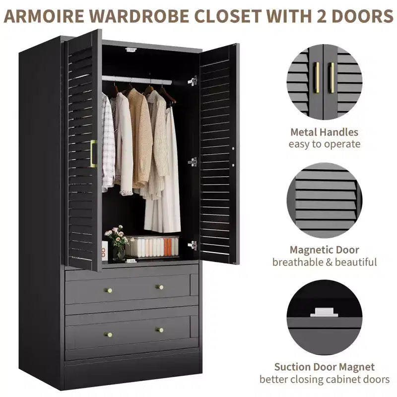 Armoire à persiennes GustoWave 65, Placard en bois avec 2 portes et 2 tiroirs, Rangement avec tringle à suspendre pour chambre à coucher