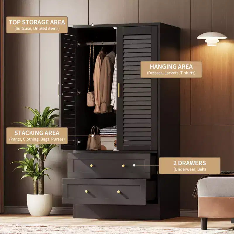 GustoWave 65 Louvered Armoire Wardrobe, Wood Closet with 2 Doors & 2 Drawers, Hanging Rod Storage for Bedroom