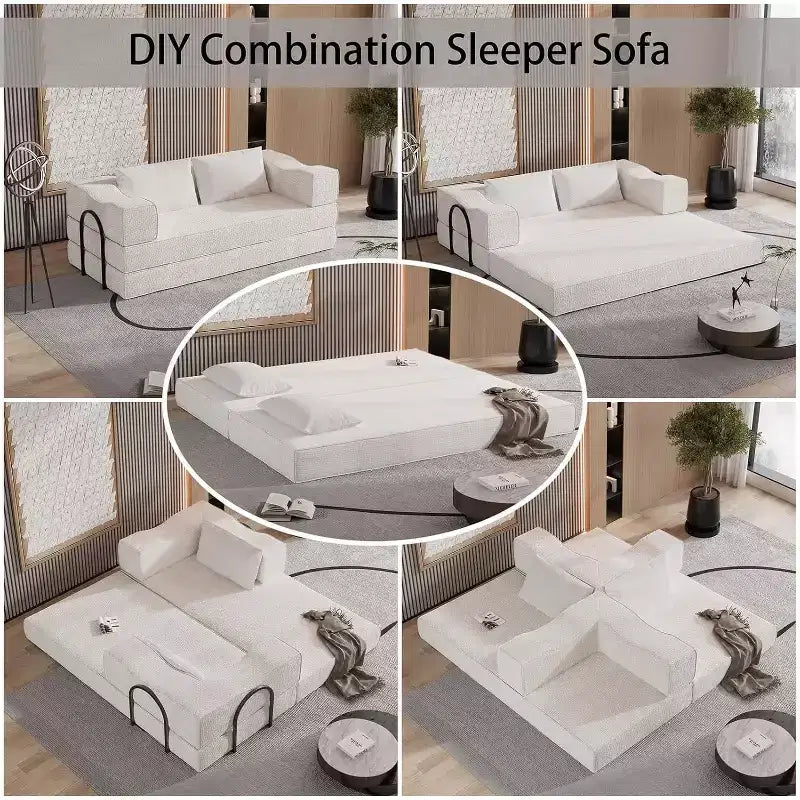 Canapé-lit convertible MooxvMoo 80 avec 2 oreillers, canapé de sol 3 places, lit King Size, combinaison DIY, chenille, blanc beige