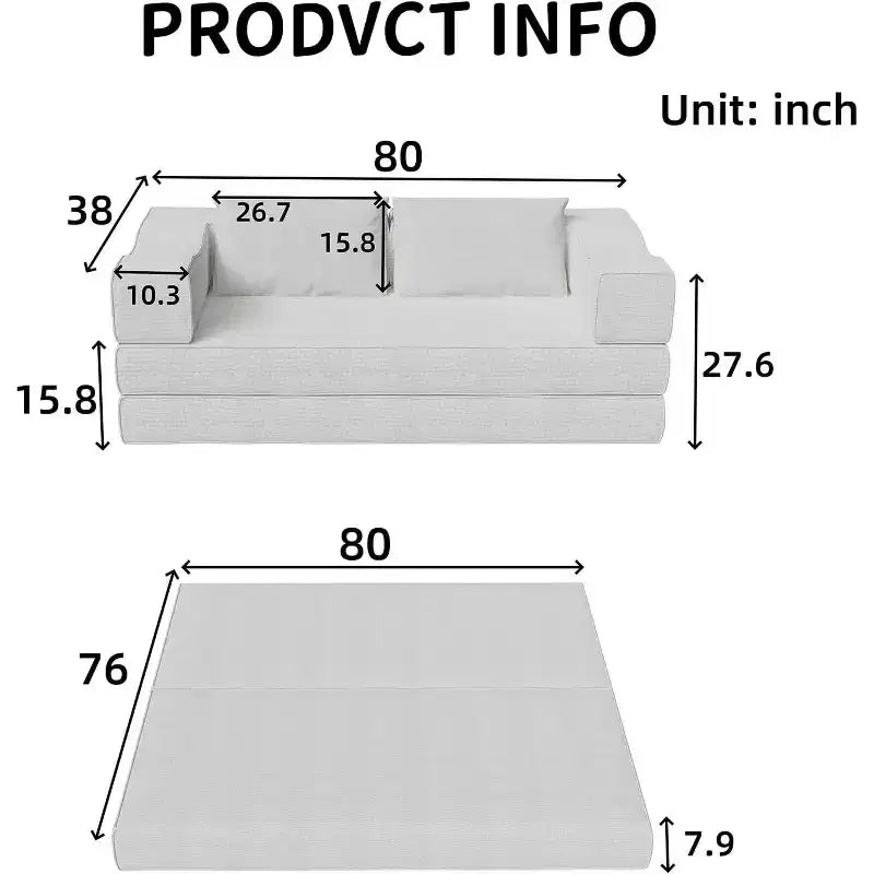 Canapé-lit convertible MooxvMoo 80 avec 2 oreillers, canapé de sol 3 places, lit King Size, combinaison DIY, chenille, blanc beige
