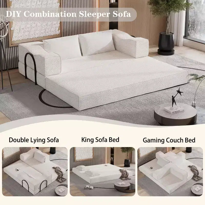 Canapé-lit convertible MooxvMoo 80 avec 2 oreillers, canapé de sol 3 places, lit King Size, combinaison DIY, chenille, blanc beige
