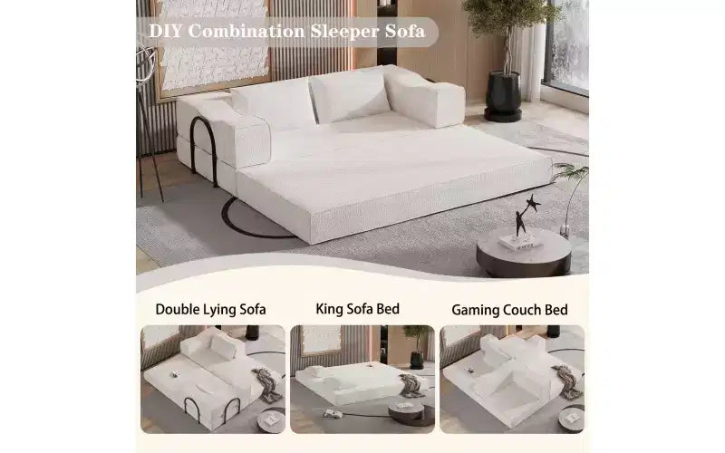 Canapé-lit convertible MooxvMoo 80 avec 2 oreillers, canapé de sol 3 places, lit King Size, combinaison DIY, chenille, blanc beige