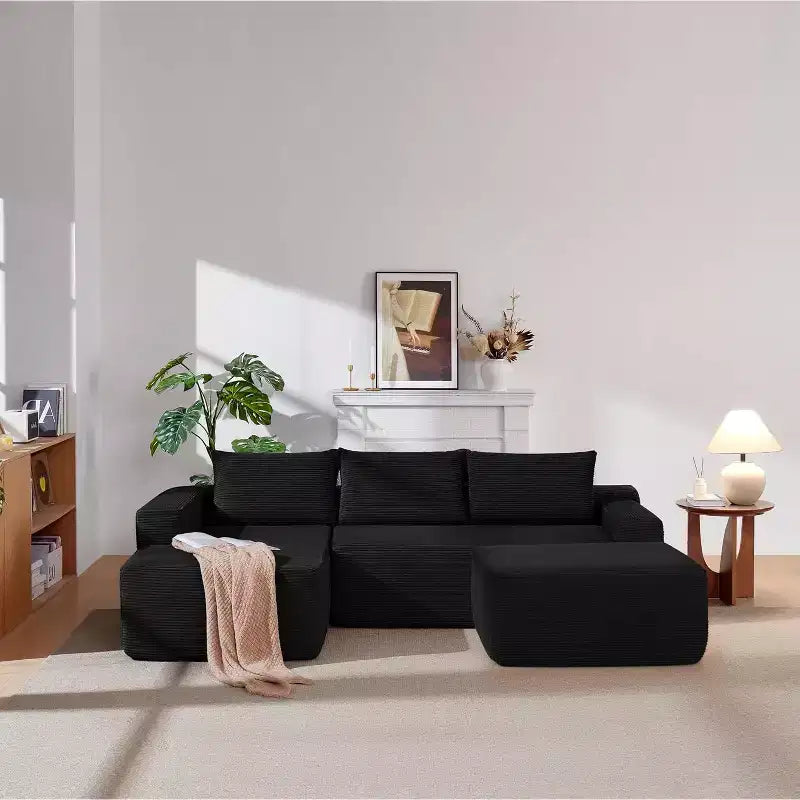 MooxvMoo Canapé d'angle en U 106, Canapé modulable moderne avec assise profonde, Tissu côtelé, Aucun assemblage requis, Noir