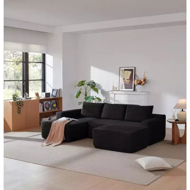 MooxvMoo Canapé d'angle en U 106, Canapé modulable moderne avec assise profonde, Tissu côtelé, Aucun assemblage requis, Noir