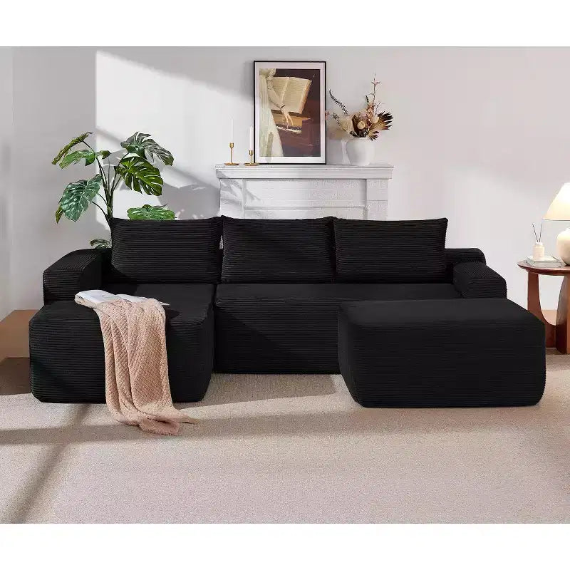 MooxvMoo Canapé d'angle en U 106, Canapé modulable moderne avec assise profonde, Tissu côtelé, Aucun assemblage requis, Noir