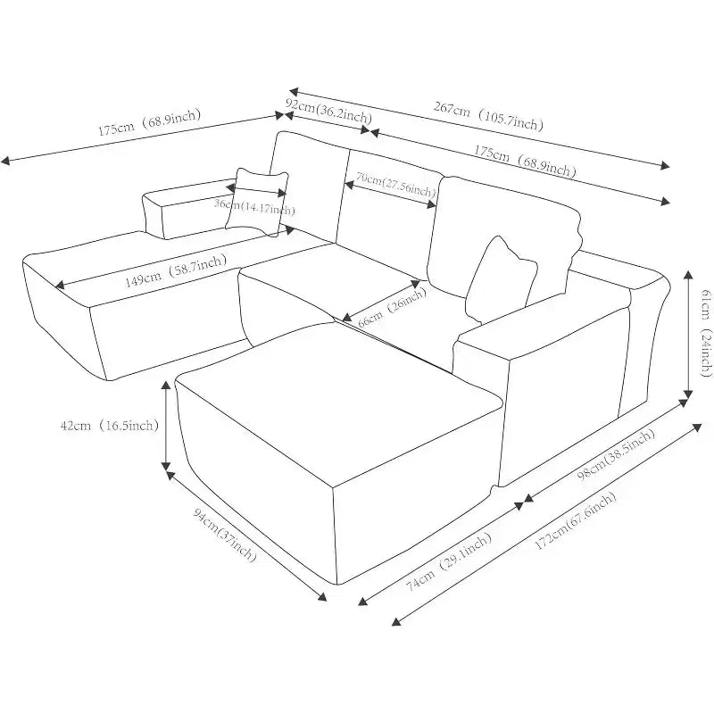 MooxvMoo Canapé d'angle en U 106, Canapé modulable moderne avec assise profonde, Tissu côtelé, Aucun assemblage requis, Noir