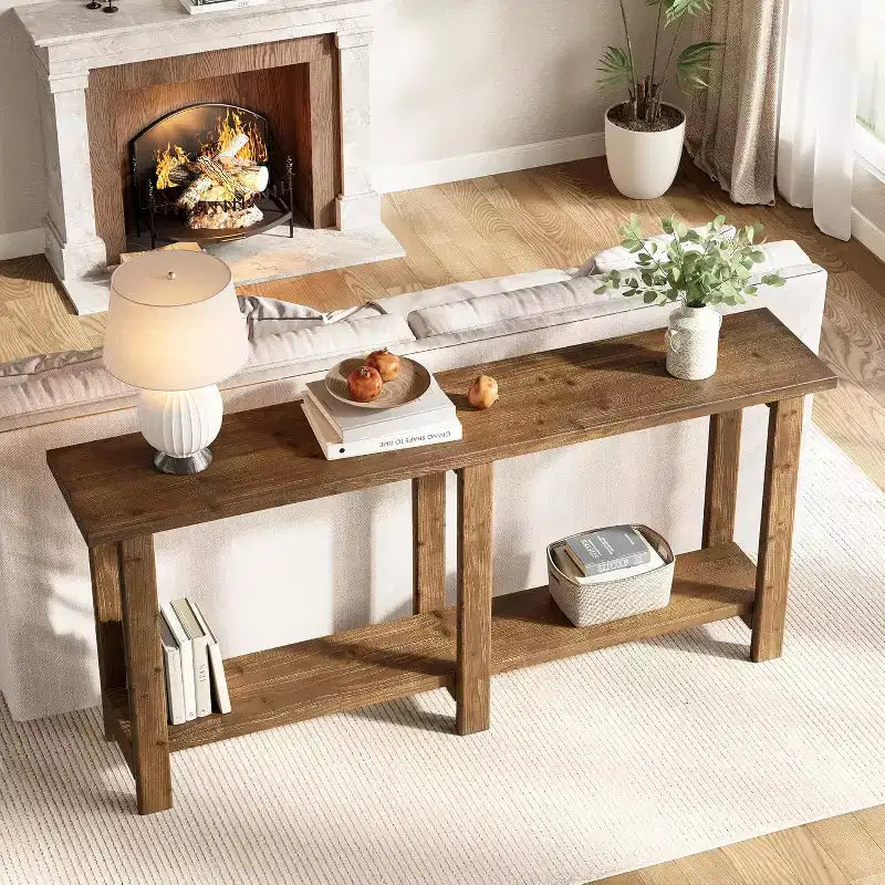 Console en bois massif Lantine, table de canapé extra longue de 180 cm derrière le canapé pour l'entrée, le couloir, le hall, le salon, marron naturel