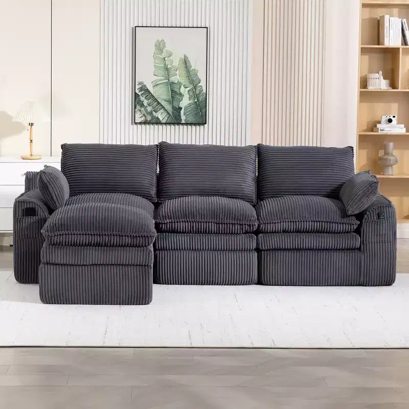 Canapé d'angle en forme de L, canapé en velours côtelé avec pouf mobile, canapé d'angle modulaire compressé pour salon - ModernLuxe