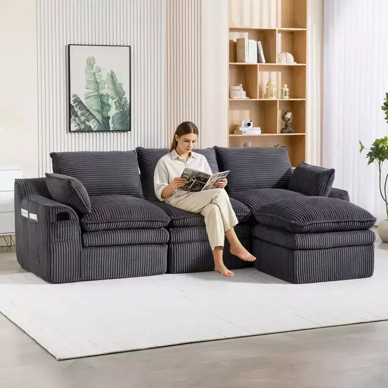 Canapé d'angle en forme de L, canapé en velours côtelé avec pouf mobile, canapé d'angle modulaire compressé pour salon - ModernLuxe